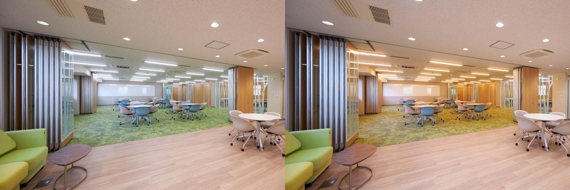 照明の色温度を変えることで雰囲気を変えられるオフィス内の打ち合わせスペースの写真